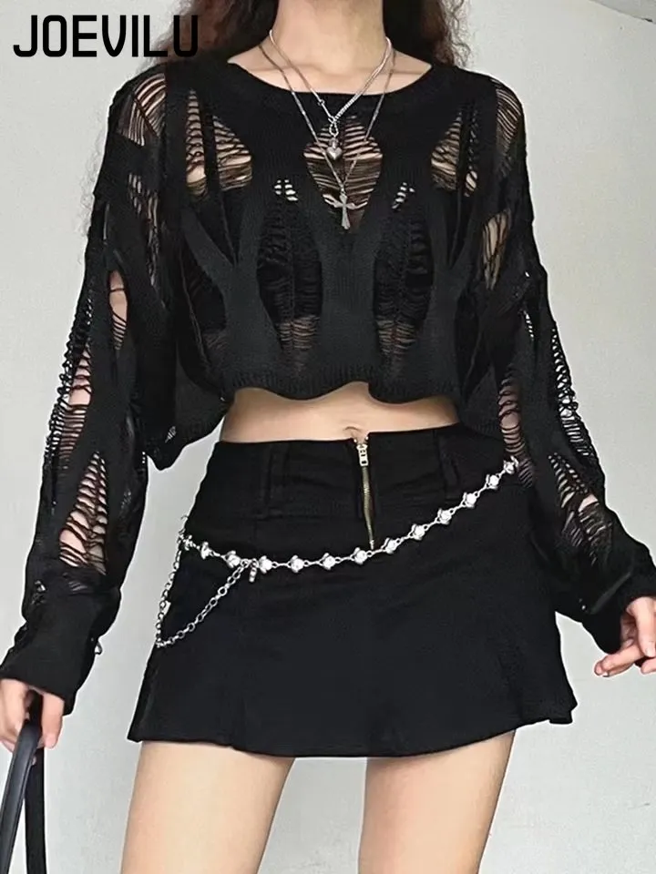 Perforated Hollow Out Knitted Blouse Sunscreen Long Sleeve Top Gothic Dark Black Sexy Thin Sweater Women's Summer Chic Crop Tops - Image 6