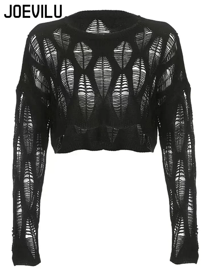 Perforated Hollow Out Knitted Blouse Sunscreen Long Sleeve Top Gothic Dark Black Sexy Thin Sweater Women's Summer Chic Crop Tops - Image 7