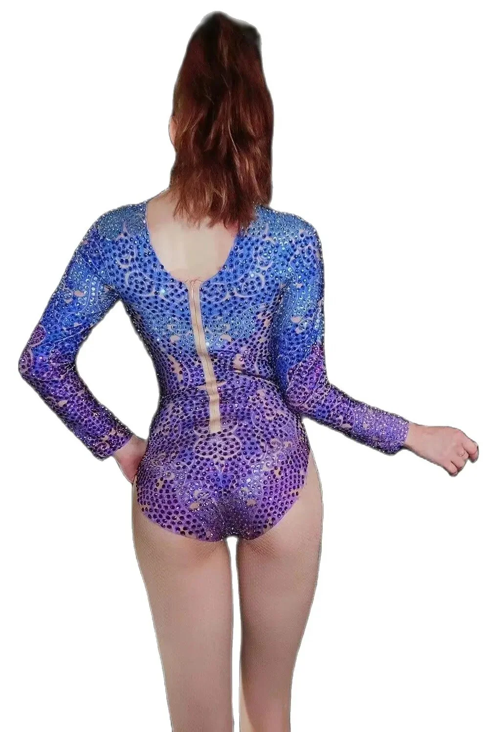 Performance clothes, nightclubs, bars, female singers, full diamond five degree printed hollowed out long sleeved high fork seri - Image 2