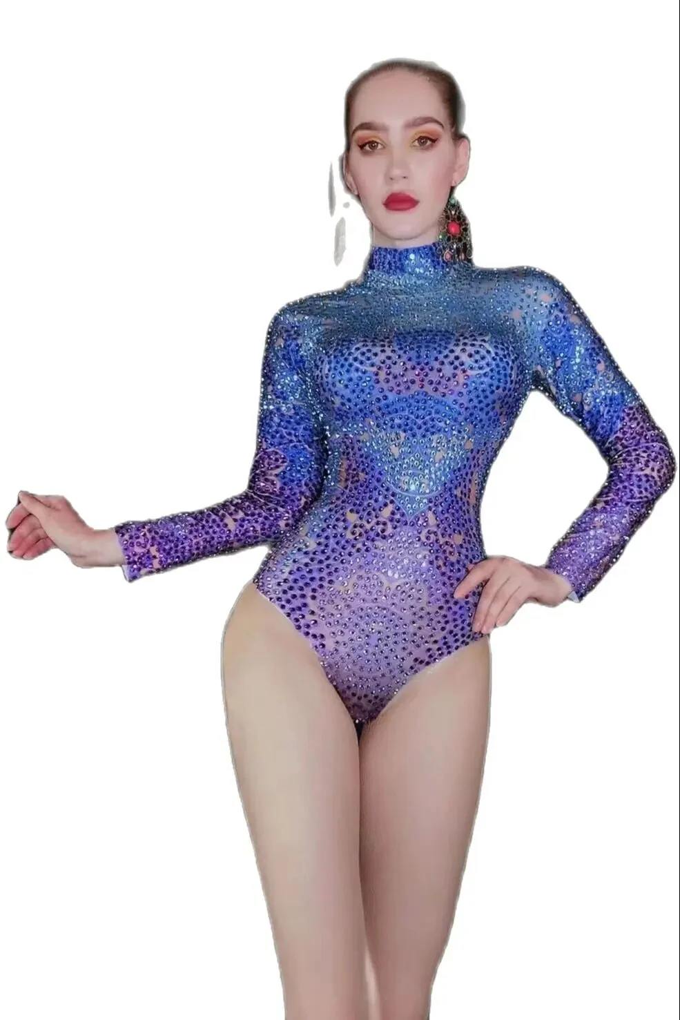 Performance clothes, nightclubs, bars, female singers, full diamond five degree printed hollowed out long sleeved high fork seri - Image 3