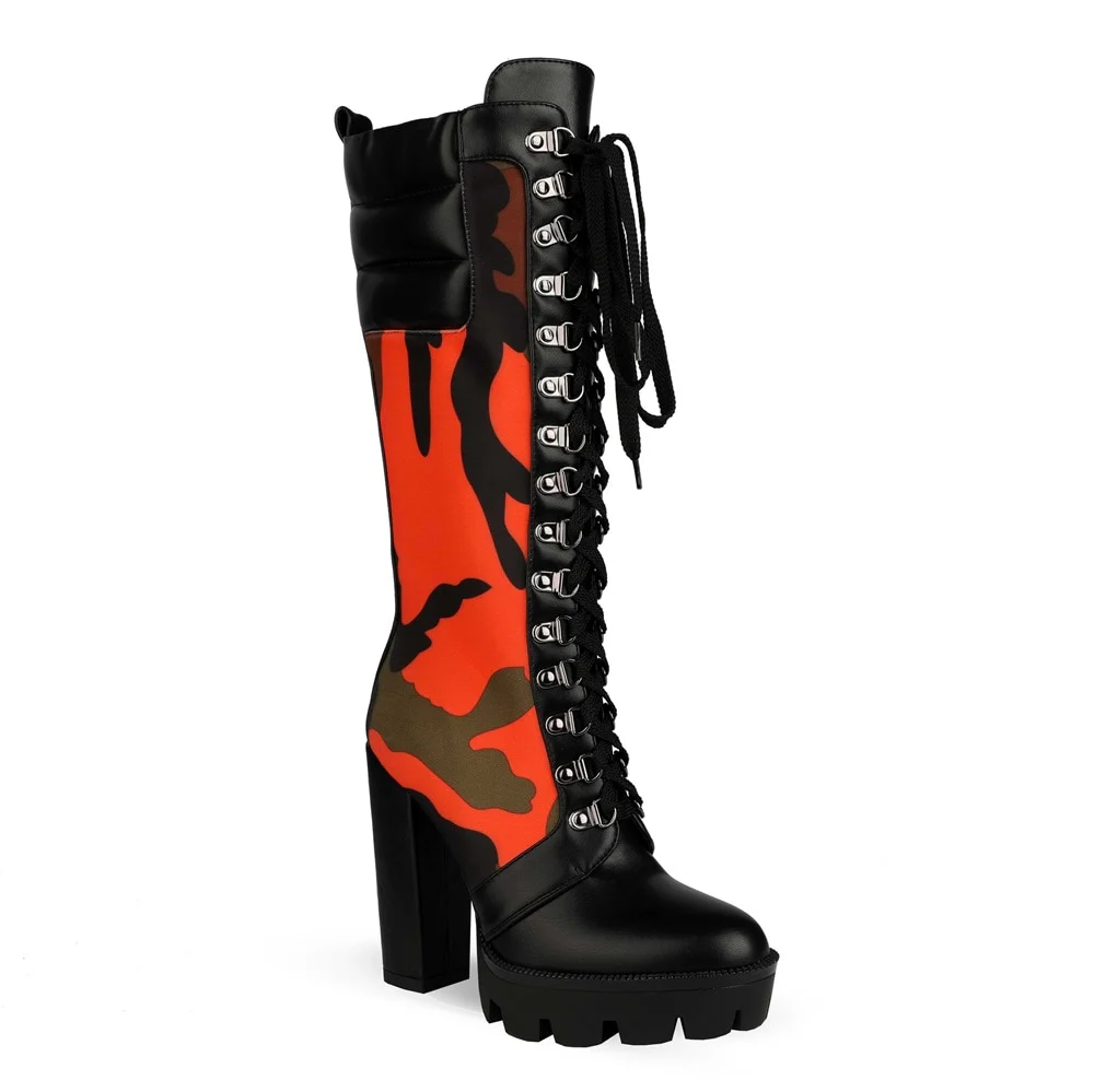 Perixir Boots Women Fashion Camouflage Print Long Boots Winter Thick Heel Platform Mid-Calf Boots Knee High female+shoes - Image 4
