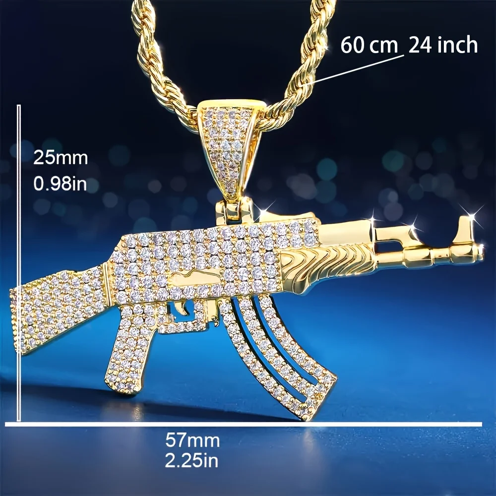 Personalized AK47 18K Gold Plated Rifle Charm HIP HOP Punk Jewelry Rope Chain ZIRCON Iced Out CZ Gun Pendant Necklace for Men - Image 2