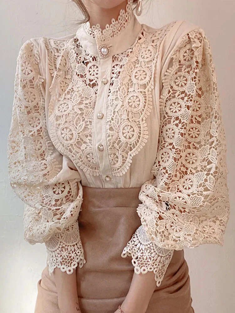 Petal Sleeve Stand Collar Hollow Out Flower Lace Patchwork Shirt Femme Blusas All-match Women Lace Blouse Button White Top 12419 - Image 8