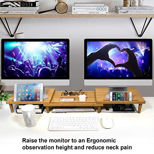 Pezin & Hulin Computer Monitor Stands for Desk, Dual Monitor Stand Riser, Desktop Oraganizer 3 Shelf with Storage, Adjustable Length and Angle, for Laptop, Screen, Printer, Bamboo - Image 2