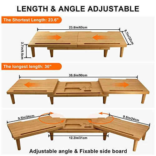 Pezin & Hulin Computer Monitor Stands for Desk, Dual Monitor Stand Riser, Desktop Oraganizer 3 Shelf with Storage, Adjustable Length and Angle, for Laptop, Screen, Printer, Bamboo - Image 5