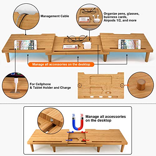 Pezin & Hulin Computer Monitor Stands for Desk, Dual Monitor Stand Riser, Desktop Oraganizer 3 Shelf with Storage, Adjustable Length and Angle, for Laptop, Screen, Printer, Bamboo - Image 7
