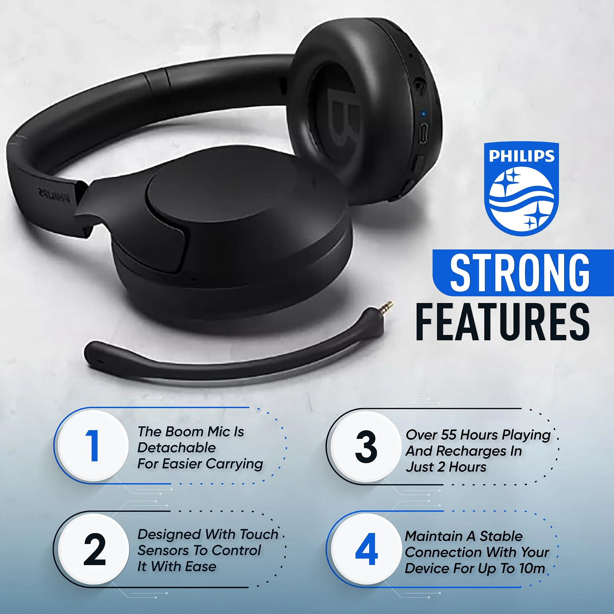 PHILIPS Wireless Noise Cancelling Headphones, Stereo Over The Ear Wireless Bluetooth Headphones with Removable Mic, Bluetooth Headset with Microphone, Lightweight and Touch Control, 55 Hours Playtime - Image 2