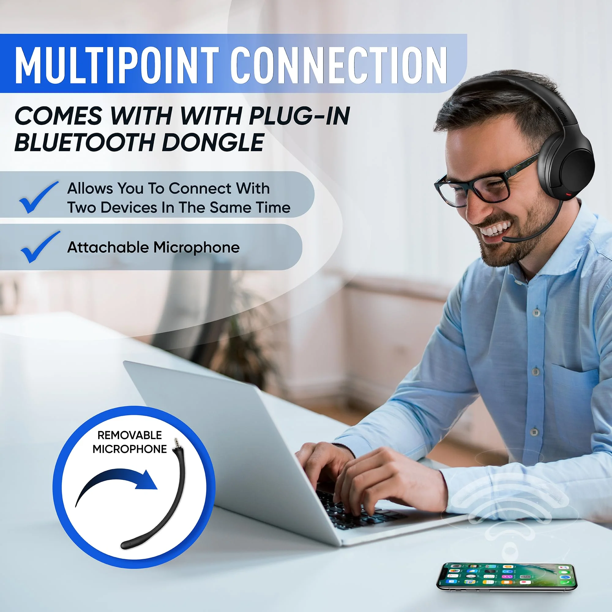 PHILIPS Wireless Noise Cancelling Headphones, Stereo Over The Ear Wireless Bluetooth Headphones with Removable Mic, Bluetooth Headset with Microphone, Lightweight and Touch Control, 55 Hours Playtime - Image 3