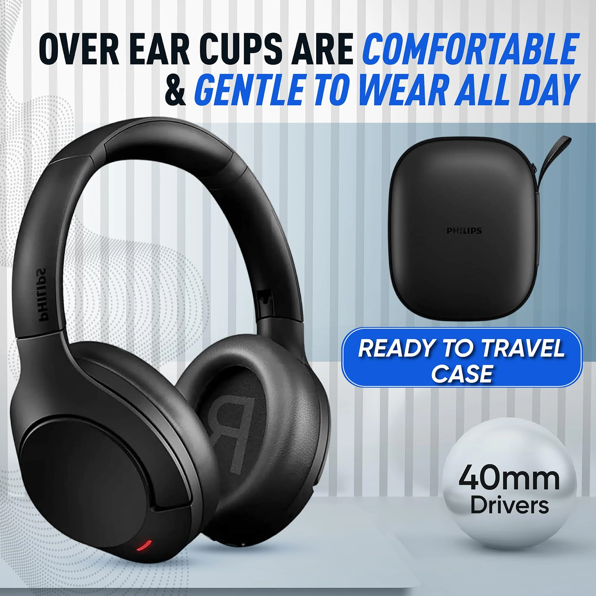 PHILIPS Wireless Noise Cancelling Headphones, Stereo Over The Ear Wireless Bluetooth Headphones with Removable Mic, Bluetooth Headset with Microphone, Lightweight and Touch Control, 55 Hours Playtime - Image 4