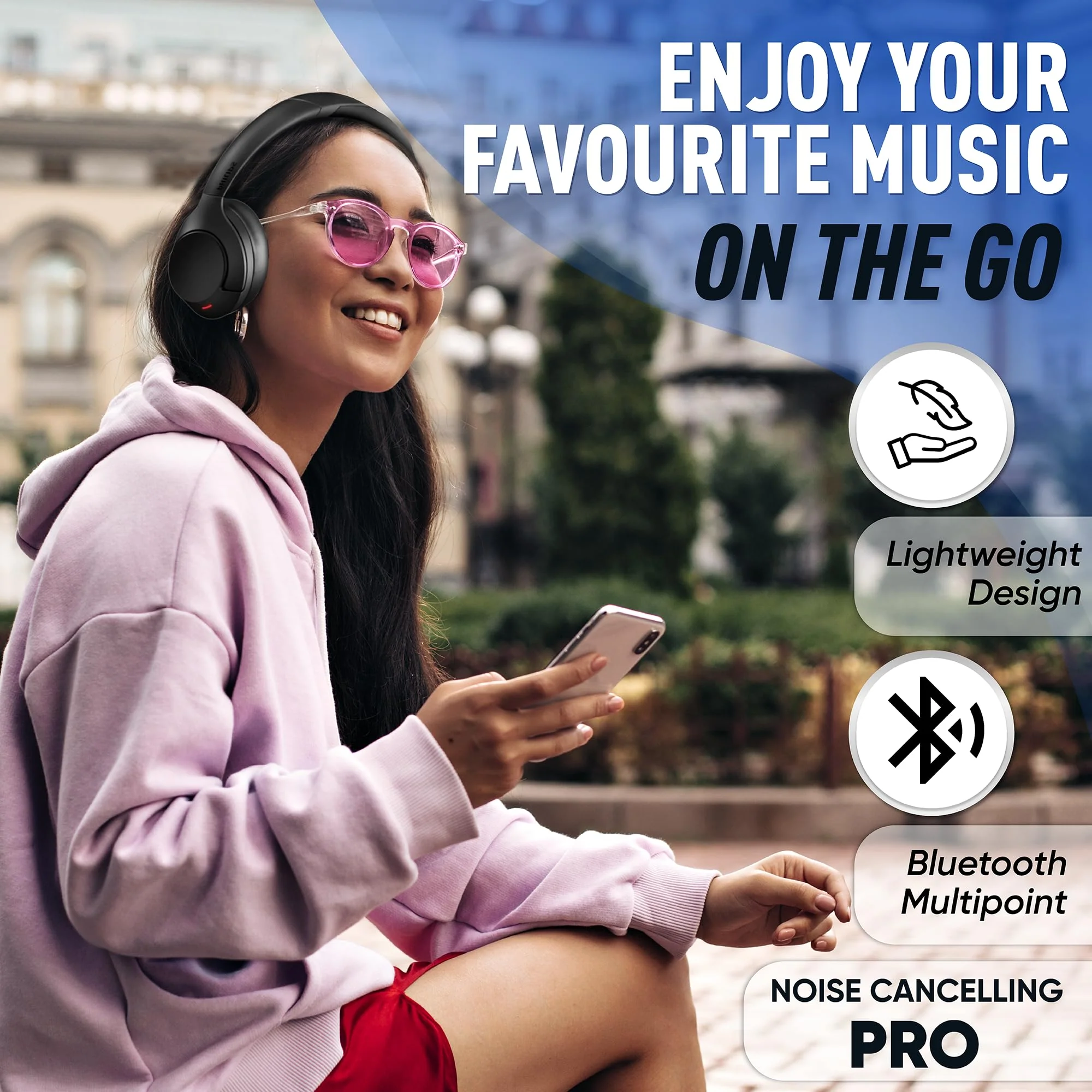 PHILIPS Wireless Noise Cancelling Headphones, Stereo Over The Ear Wireless Bluetooth Headphones with Removable Mic, Bluetooth Headset with Microphone, Lightweight and Touch Control, 55 Hours Playtime - Image 5
