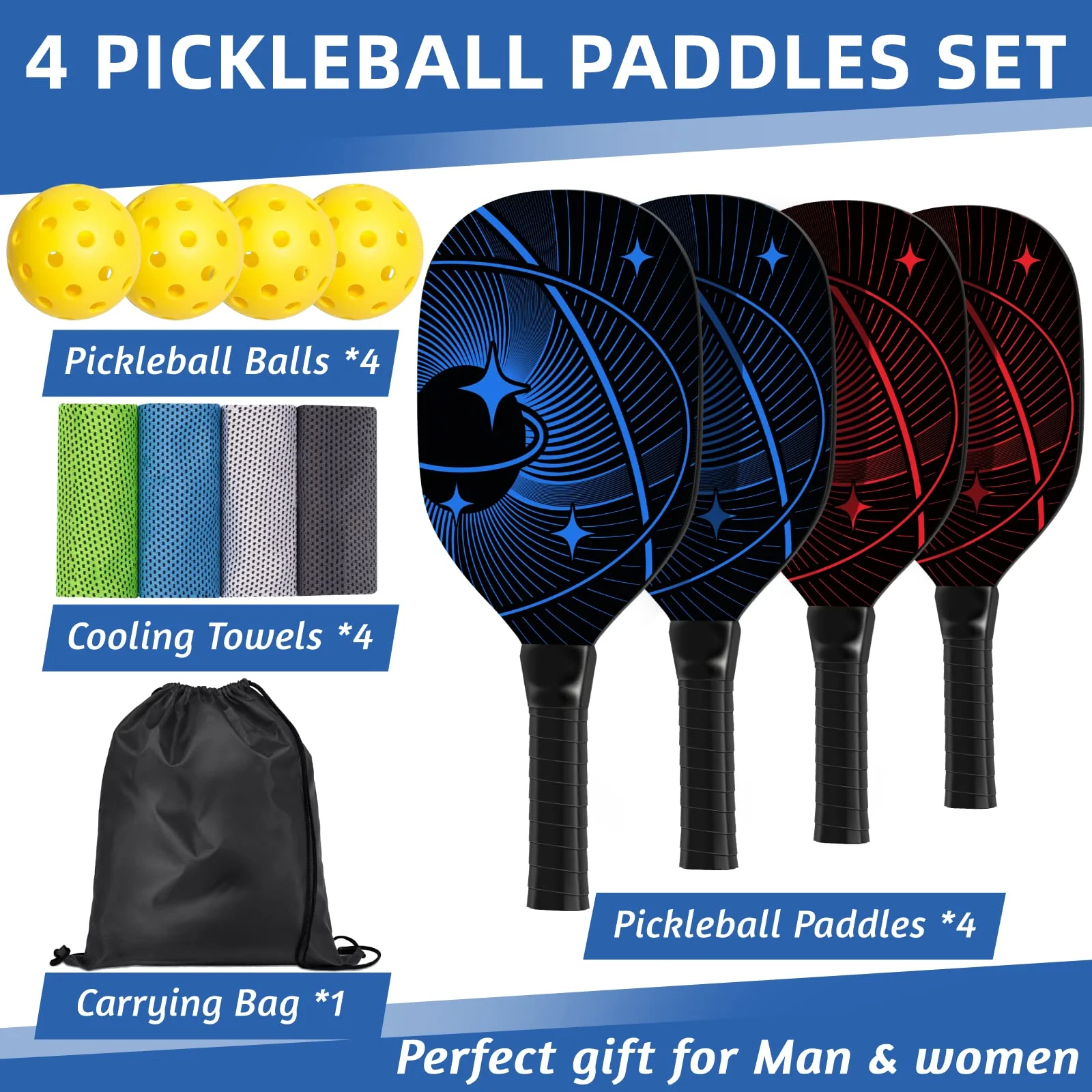 Pickleball Set with 4 Premium Wood Pickleball Paddles, 4 Pickleball Balls, 4 Cooling Towels & Carry Bag, Pickleball Rackets with Ergonomic Cushion Grip, Gifts for Men Women - Image 2