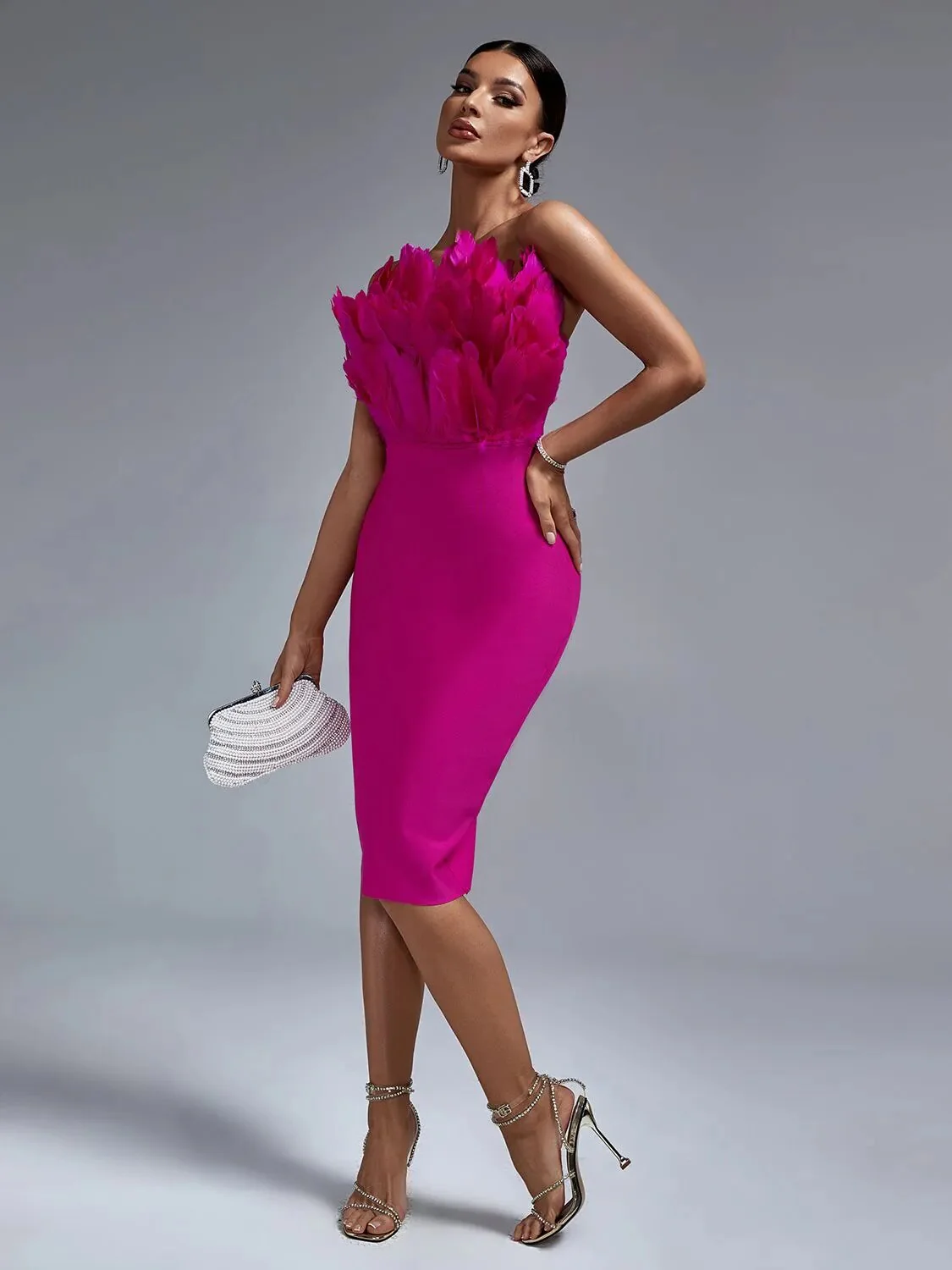 Pink Bandage Dress Women Feather Party Dress Bodycon Elegant Midi Sexy Strapless Evening Birthday Club Outfits Summer 2023 - Image 4