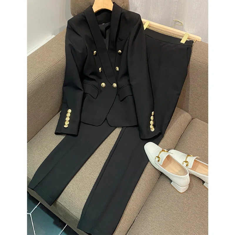 Pink Black Pant Suits Two Pcs Sets Women's Pantsuit Apricot Business Double-breasted Buttons Nine Blazer Pants Formal Suits 2021 - Image 6