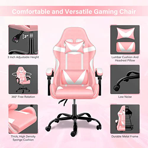 Pink Gaming Chair, Big and Tall Gamer Chair, Racing Style Adjustable Swivel Office Chair, Ergonomic Video Game Chairs with Headrest and Lumbar Support - Image 3