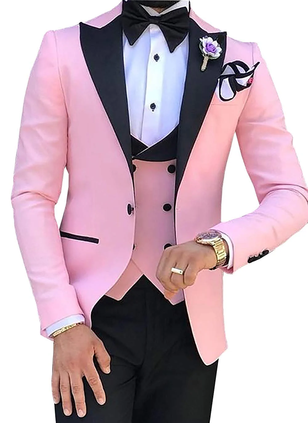 Pink Mens Suits 3 Pieces Slim Fit Casual Business Groomsmen Green Champagne Lapel Tuxedos for Formal Wedding (Blazer+Pants+Vest) - Image 5