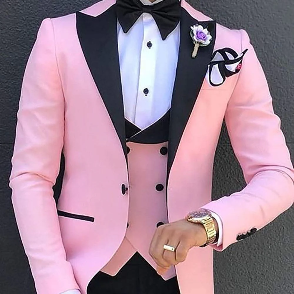 Pink Mens Suits 3 Pieces Slim Fit Casual Business Groomsmen Green Champagne Lapel Tuxedos for Formal Wedding (Blazer+Pants+Vest) - Image 2