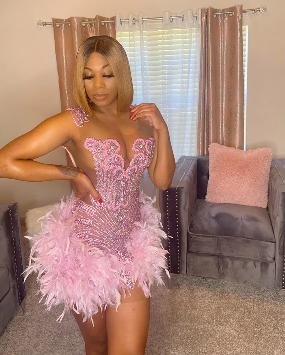 Pink Short Prom Mini Birthday Dresses 2023 Sexy Beaded Crystals See Through Top Feather African Black Girl Party Cocktail Gowns - Image 3
