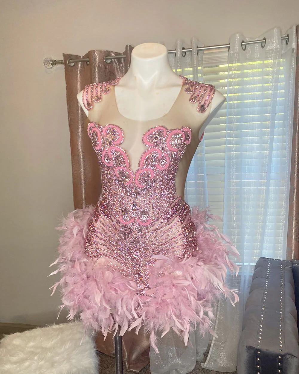 Pink Short Prom Mini Birthday Dresses 2023 Sexy Beaded Crystals See Through Top Feather African Black Girl Party Cocktail Gowns - Image 4
