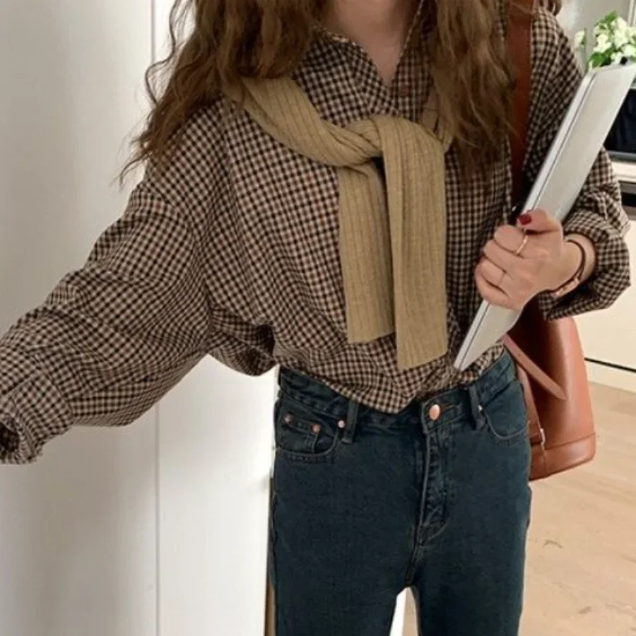Plaid Shirts Women Retro Turn-down Collar Blouses All-match Straight Hong Kong Style Button Up Elegant Long Sleeve Outwear Femme - Image 3