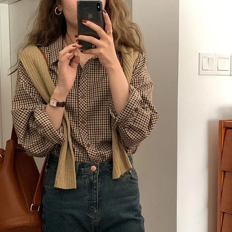 Plaid Shirts Women Retro Turn-down Collar Blouses All-match Straight Hong Kong Style Button Up Elegant Long Sleeve Outwear Femme - Image 4