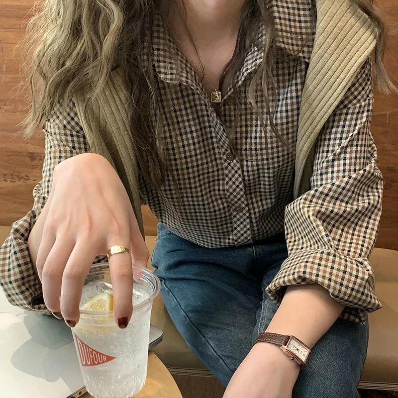 Plaid Shirts Women Retro Turn-down Collar Blouses All-match Straight Hong Kong Style Button Up Elegant Long Sleeve Outwear Femme - Image 5