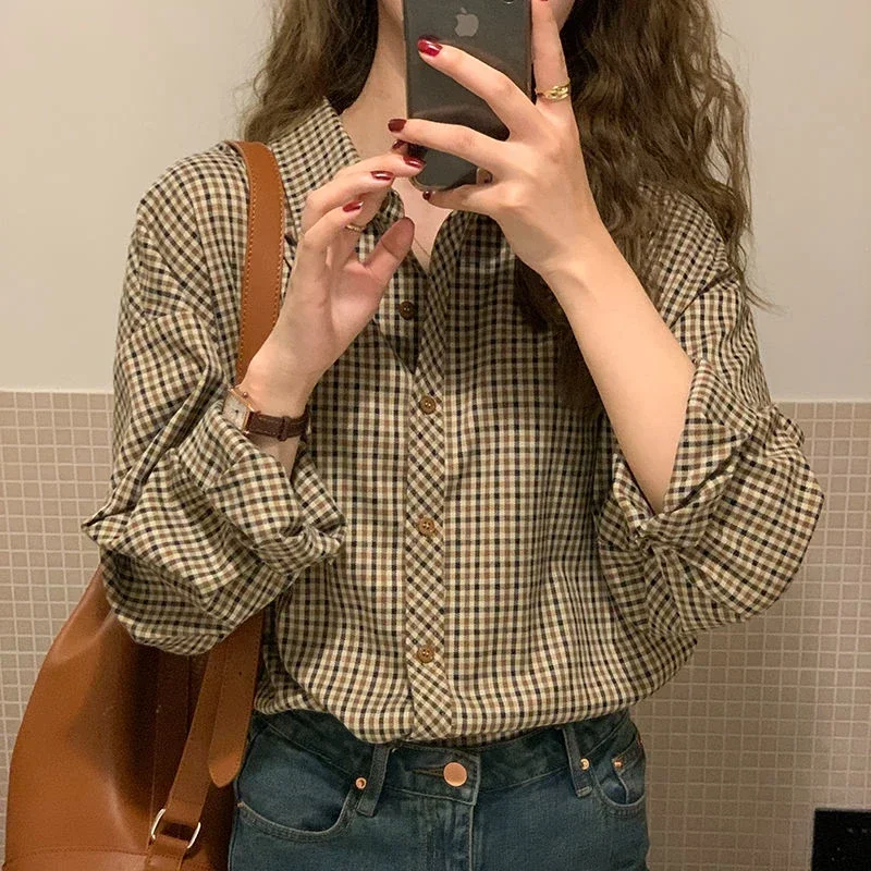 Plaid Shirts Women Retro Turn-down Collar Blouses All-match Straight Hong Kong Style Button Up Elegant Long Sleeve Outwear Femme - Image 7