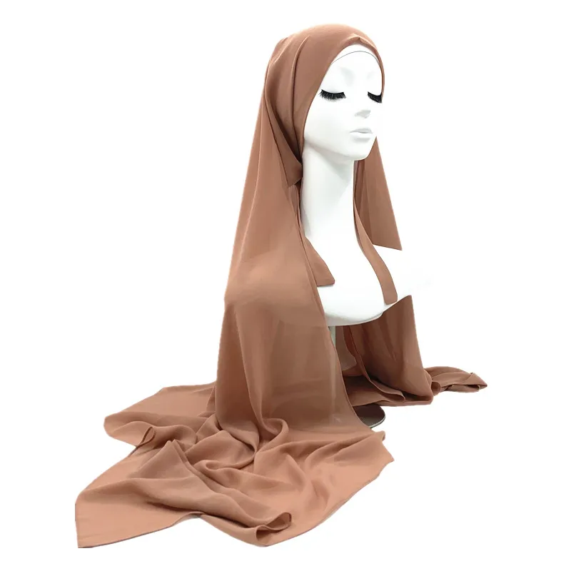 Plain Color Chiffon Hijab Scarf with Bandage Non-Slip Muslim Women Breathable Islam Long Hijabs Headband Fashion Turban Headwrap - Image 11