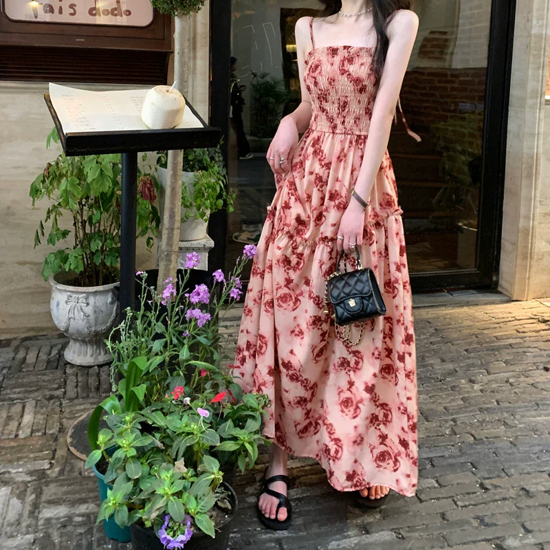 Pleated Suspender Dress Vacation Style Rose Print - Image 4