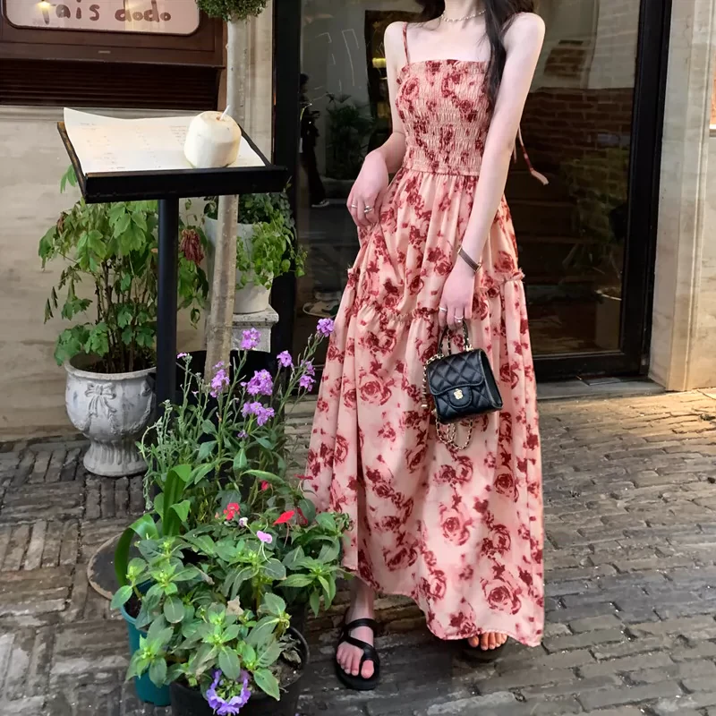 Pleated Suspender Dress Vacation Style Rose Print - Image 7