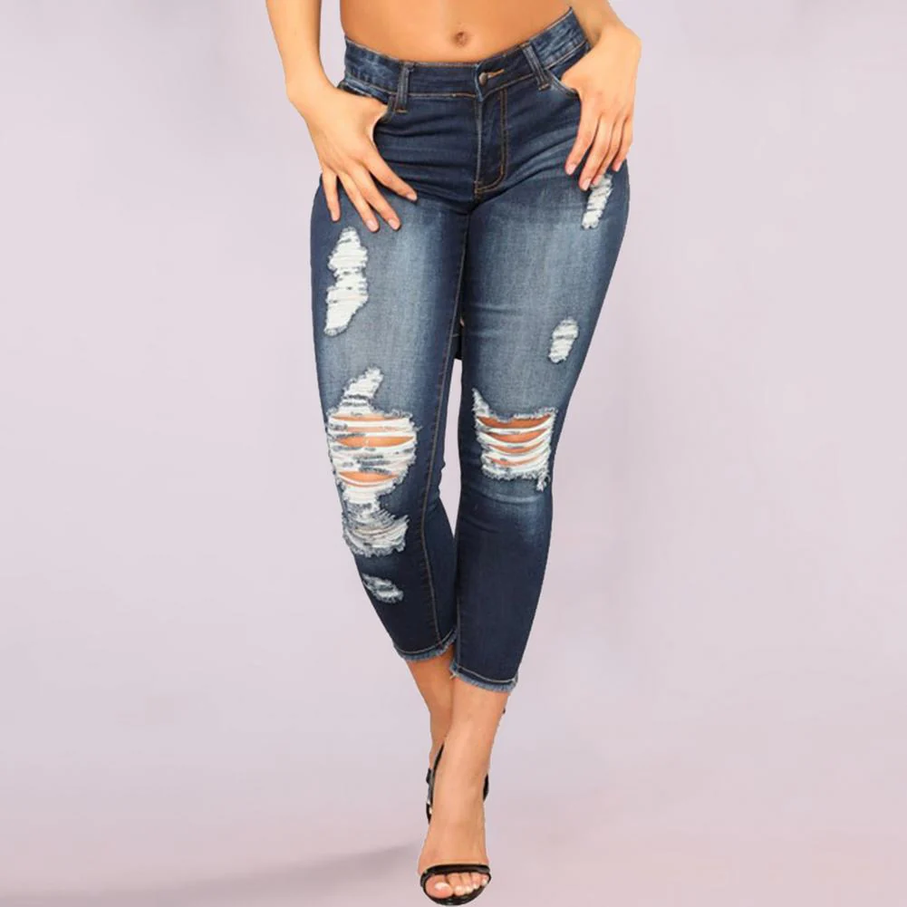 Plus Größe Licht Blau Zerrissene Jeans Für Frauen Street Style Sexy Distressed Hosen Stretch High-taille Engen Jeans Cropped hosen - Image 8