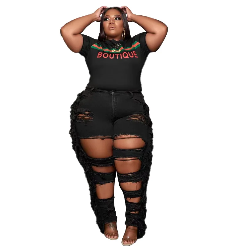 Plus Size 5xl Jean For Women Fringed High Waist Denim Trouser Lady Ripped Hole Pants 2023 Summer Female Wholesale Clothes - Image 4