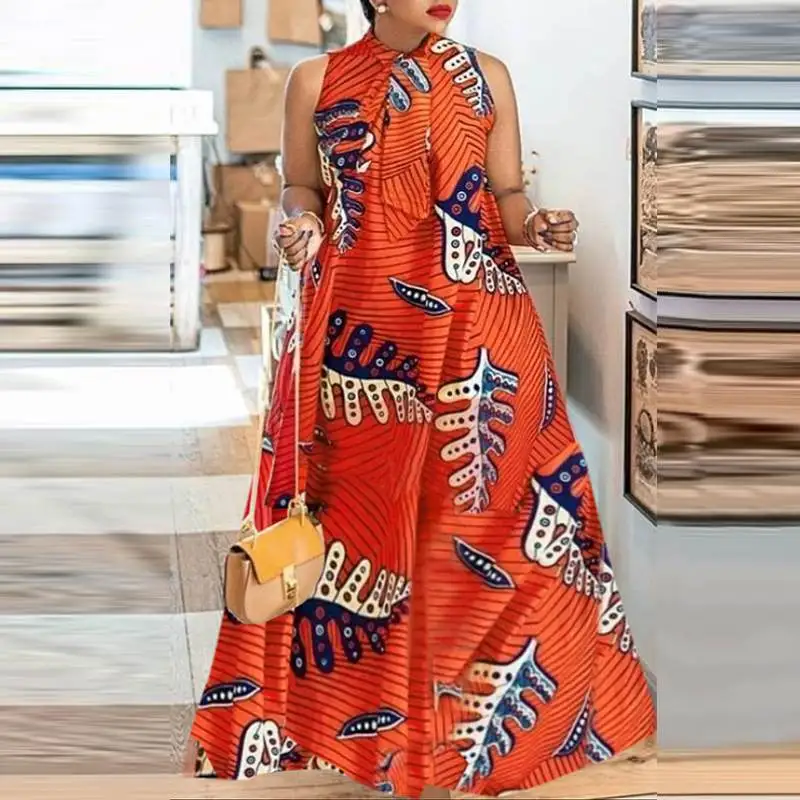 Plus Size 5XL VONDA Bohemian Summer Maxi Dress Women Floral Print Bow Tie Beach Sundress Sexy Sleeveless Casual Loose Long Robe - Image 8