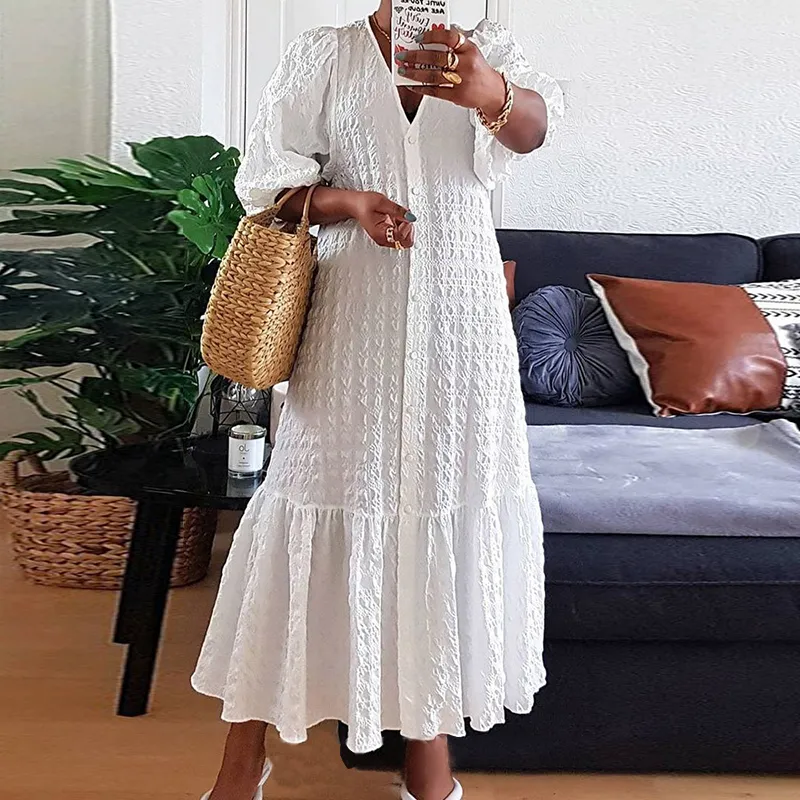 Plus Size 5XL VONDA Women Shirt Dress 2023 Summer Sexy V Neck Buttons Half Sleeve Long Maxi Vestidos Bohemian Elegant Party Robe - Image 3
