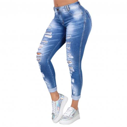 plus size 5XL Women Ripped High Waist Trousers Skinny Denim Jeans Hollow Bleached Long Pants Hollow Bleached Pencil Pants 2020 - Image 4