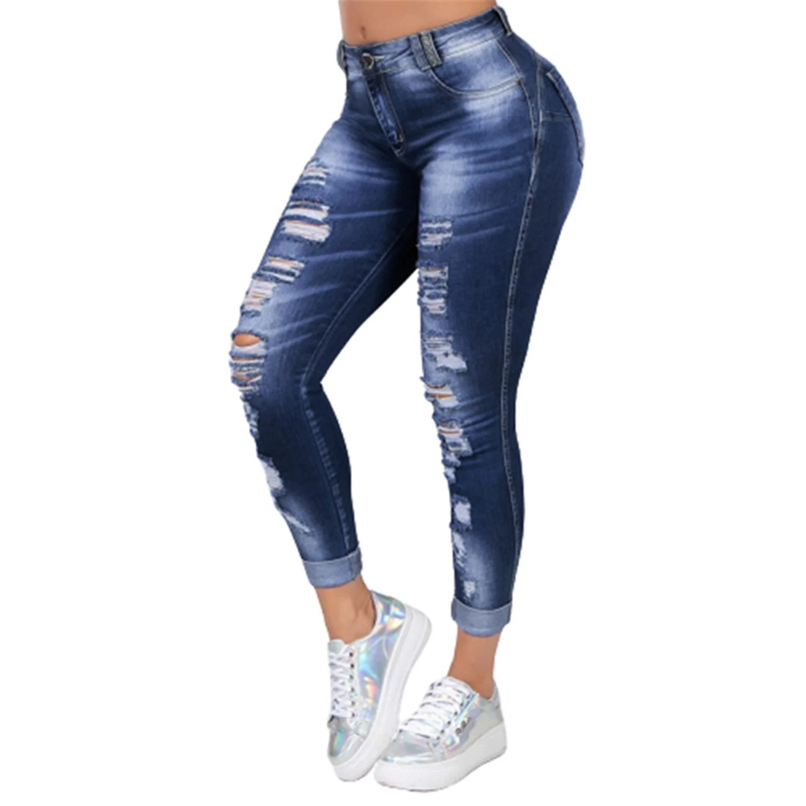 plus size 5XL Women Ripped High Waist Trousers Skinny Denim Jeans Hollow Bleached Long Pants Hollow Bleached Pencil Pants 2020 - Image 9