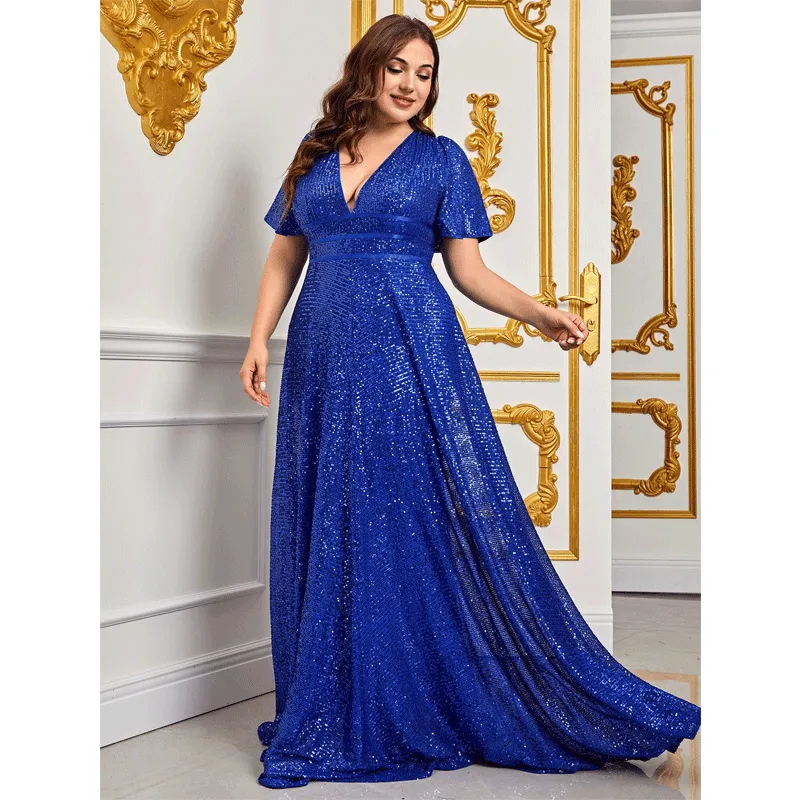 Plus Size Blue Sequins Shiny Maxi Evening Dress 4XL5XL Luxury V Neck Short Sleeve Loose 2023 Summer Plus Size Shiny Dresses - Image 3