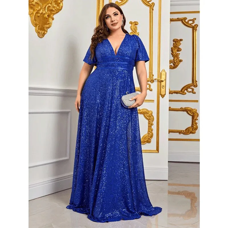 Plus Size Blue Sequins Shiny Maxi Evening Dress 4XL5XL Luxury V Neck Short Sleeve Loose 2023 Summer Plus Size Shiny Dresses - Image 4