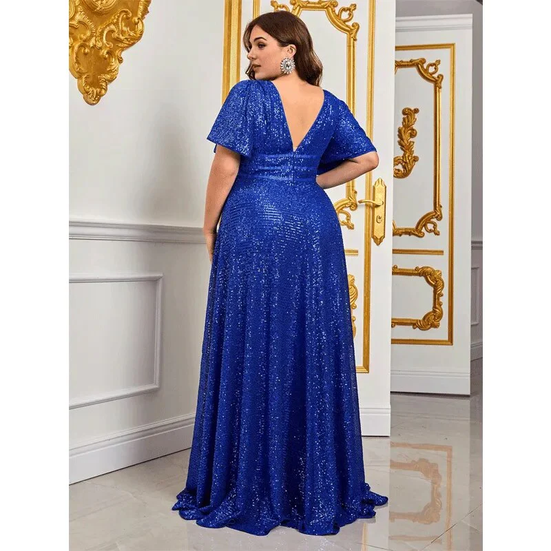 Plus Size Blue Sequins Shiny Maxi Evening Dress 4XL5XL Luxury V Neck Short Sleeve Loose 2023 Summer Plus Size Shiny Dresses - Image 5