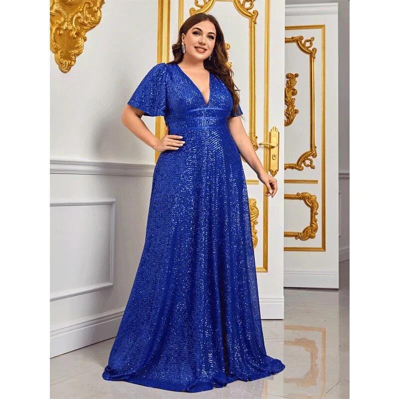 Plus Size Blue Sequins Shiny Maxi Evening Dress 4XL5XL Luxury V Neck Short Sleeve Loose 2023 Summer Plus Size Shiny Dresses - Image 6
