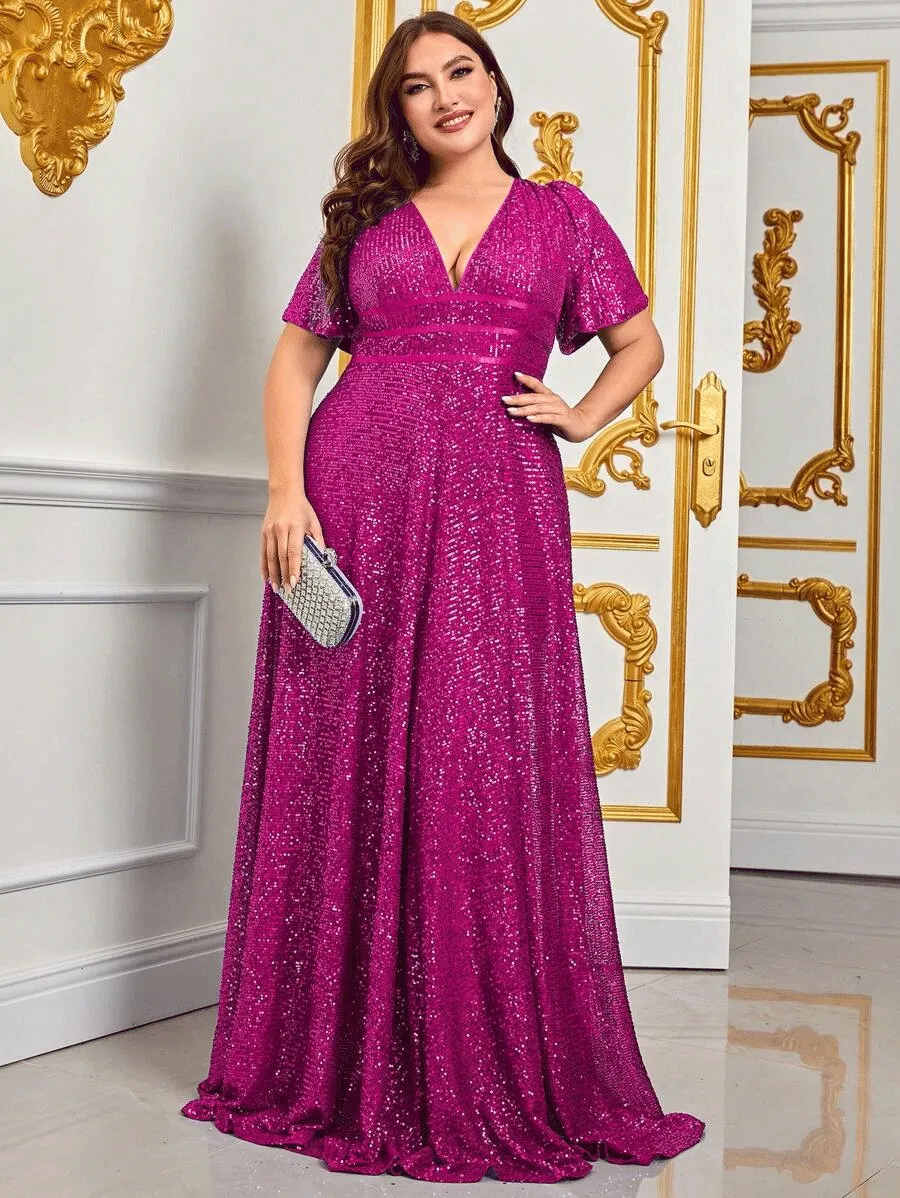 Plus Size Blue Sequins Shiny Maxi Evening Dress 4XL5XL Luxury V Neck Short Sleeve Loose 2023 Summer Plus Size Shiny Dresses - Image 8