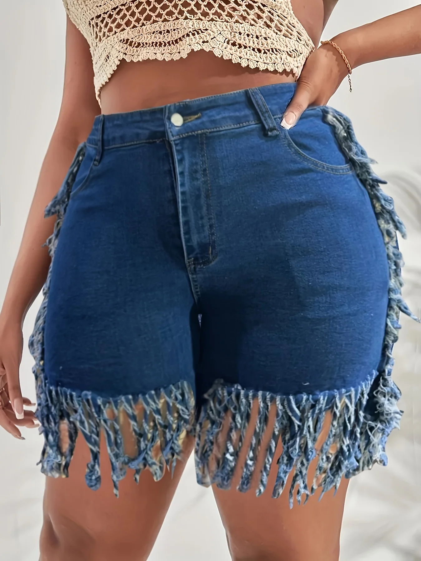 Plus Size Bohemian Chic Stretchy Denim Shorts - Ultra-Stretchy Fabric, Adjustable Elastic Waistband, Trendy Fringe Hem Detail - Designed for Curvy Women, Perfect for Summer Fashion, High-Quality Denim Material - Image 2