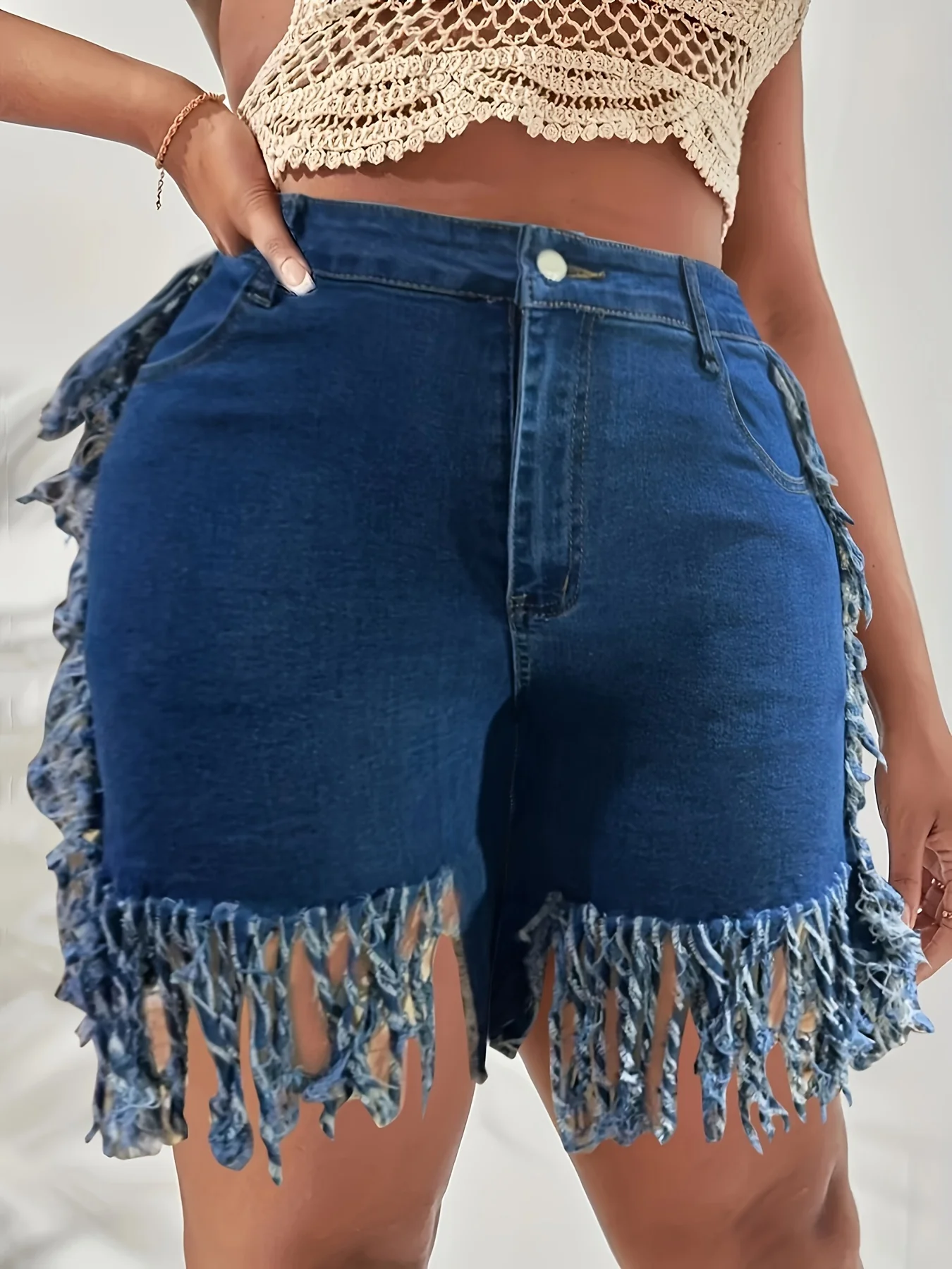 Plus Size Bohemian Chic Stretchy Denim Shorts - Ultra-Stretchy Fabric, Adjustable Elastic Waistband, Trendy Fringe Hem Detail - Designed for Curvy Women, Perfect for Summer Fashion, High-Quality Denim Material - Image 3
