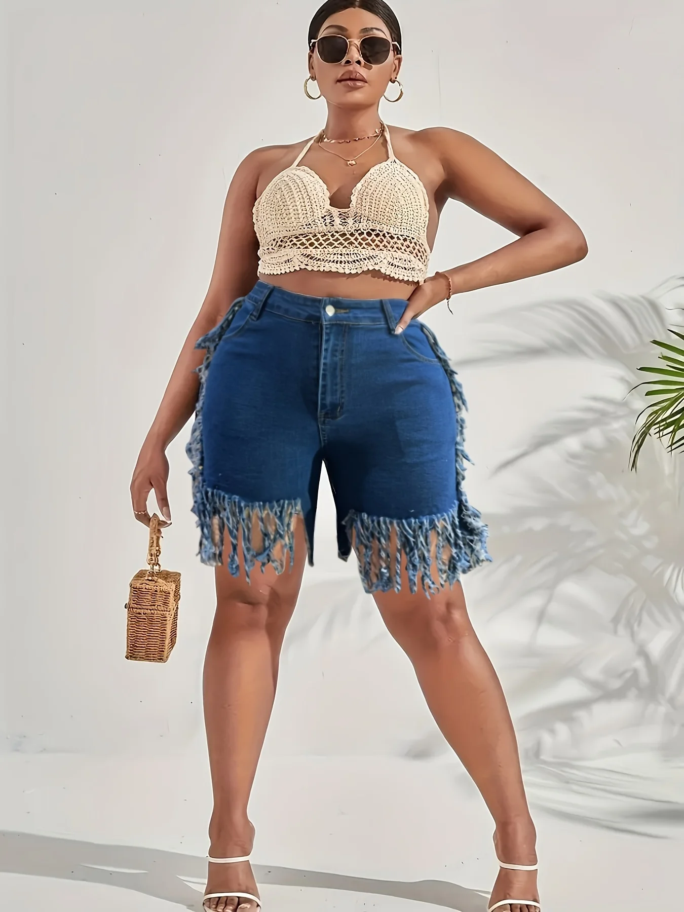 Plus Size Bohemian Chic Stretchy Denim Shorts - Ultra-Stretchy Fabric, Adjustable Elastic Waistband, Trendy Fringe Hem Detail - Designed for Curvy Women, Perfect for Summer Fashion, High-Quality Denim Material - Image 4