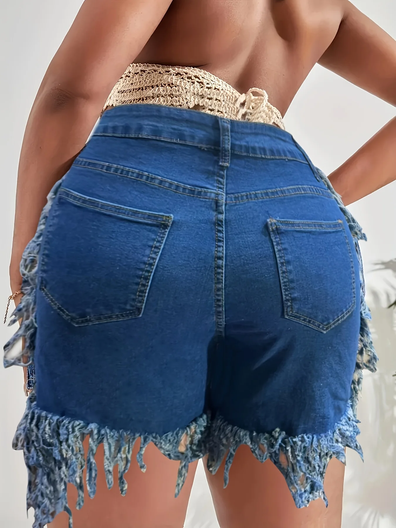 Plus Size Bohemian Chic Stretchy Denim Shorts - Ultra-Stretchy Fabric, Adjustable Elastic Waistband, Trendy Fringe Hem Detail - Designed for Curvy Women, Perfect for Summer Fashion, High-Quality Denim Material - Image 5