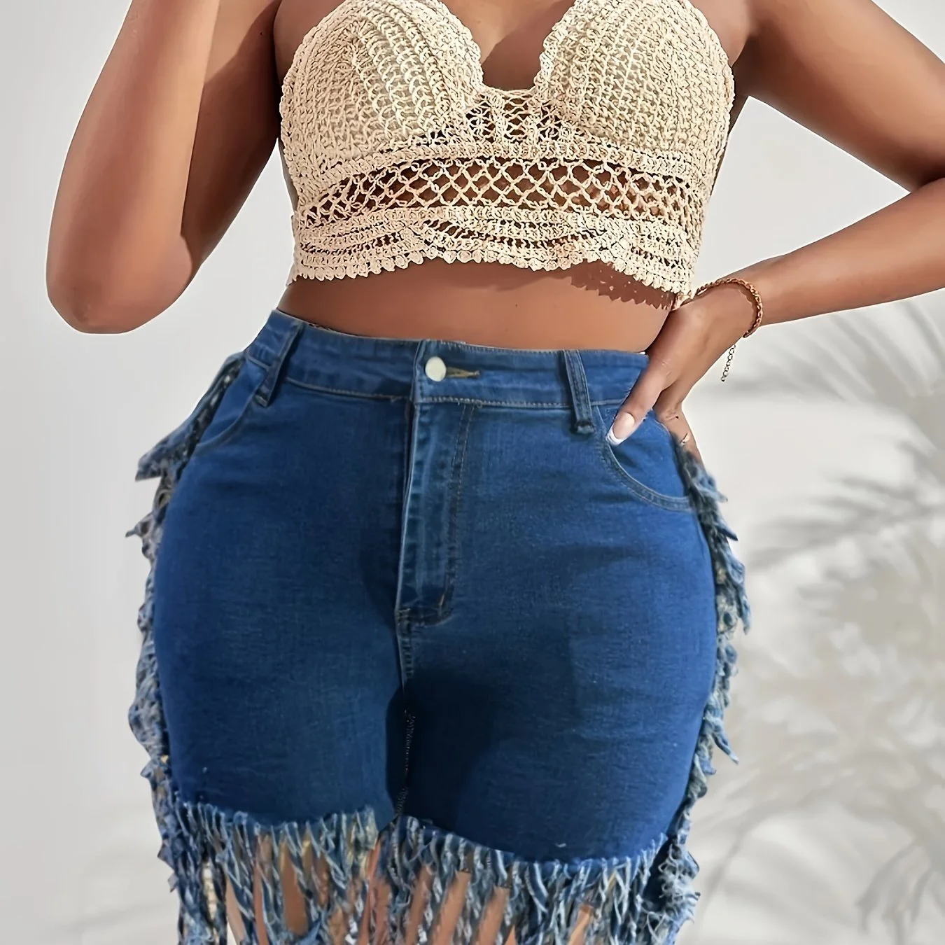 Plus Size Bohemian Chic Stretchy Denim Shorts - Ultra-Stretchy Fabric, Adjustable Elastic Waistband, Trendy Fringe Hem Detail - Designed for Curvy Women, Perfect for Summer Fashion, High-Quality Denim Material - Image 6