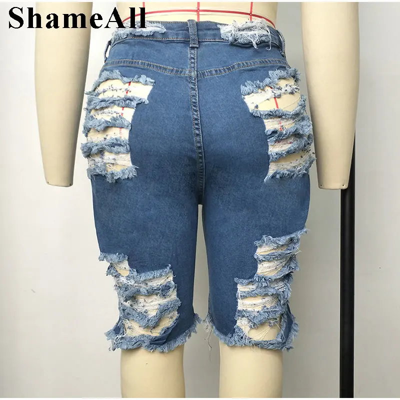 Plus Size Broken Worn Edges Sexy Ripped Hole Tassel Denim Shorts 4XL Women Casual Skinny High Waist Push Up Cut Out Short Jeans - Image 5