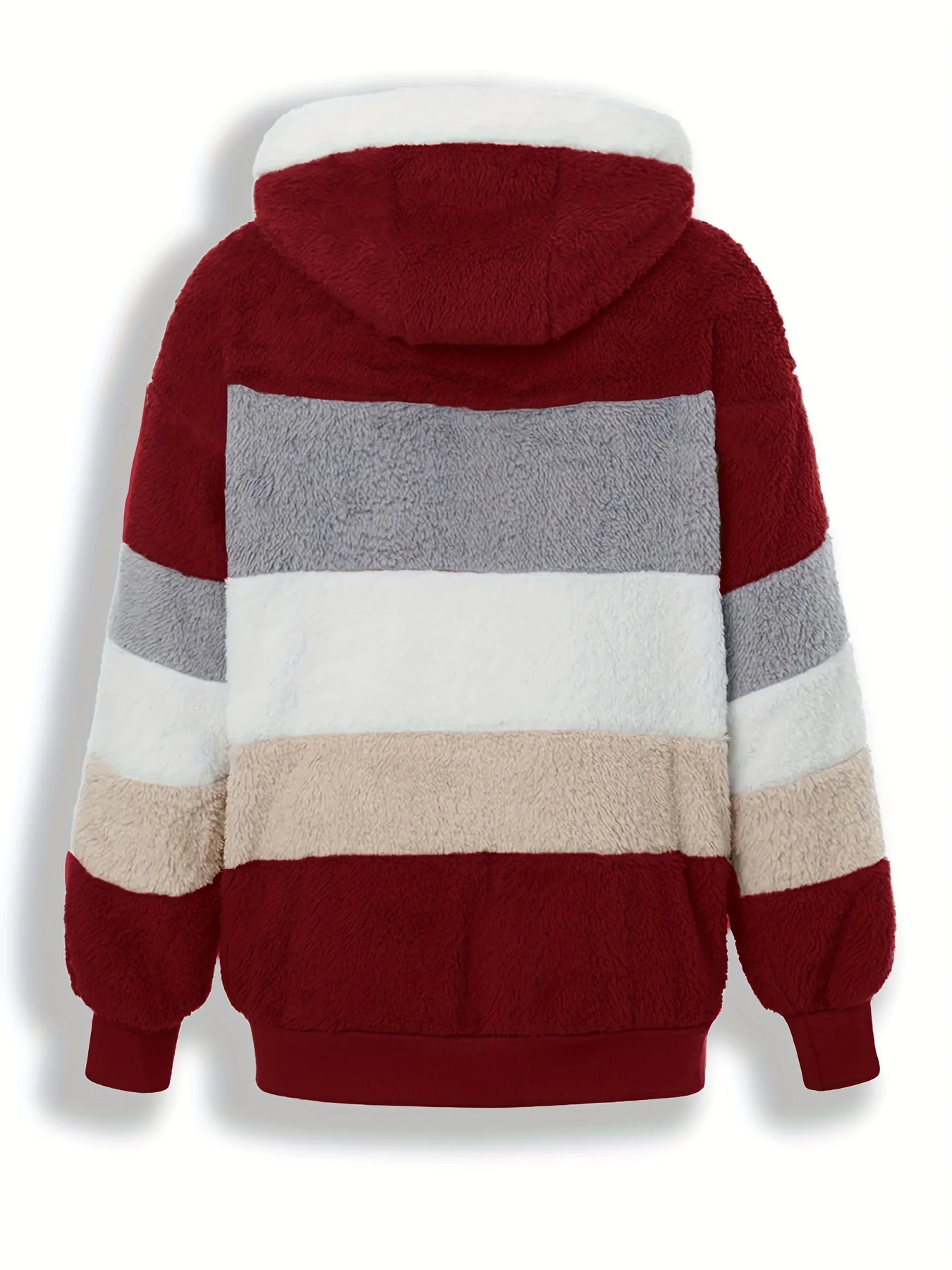 Plus Size Casual Coat, Women's Plus Colorblock Teddy Fleece Hooded Drawstring Zipper Long Sleeve Loose Fit Coat With Pockets - Image 11