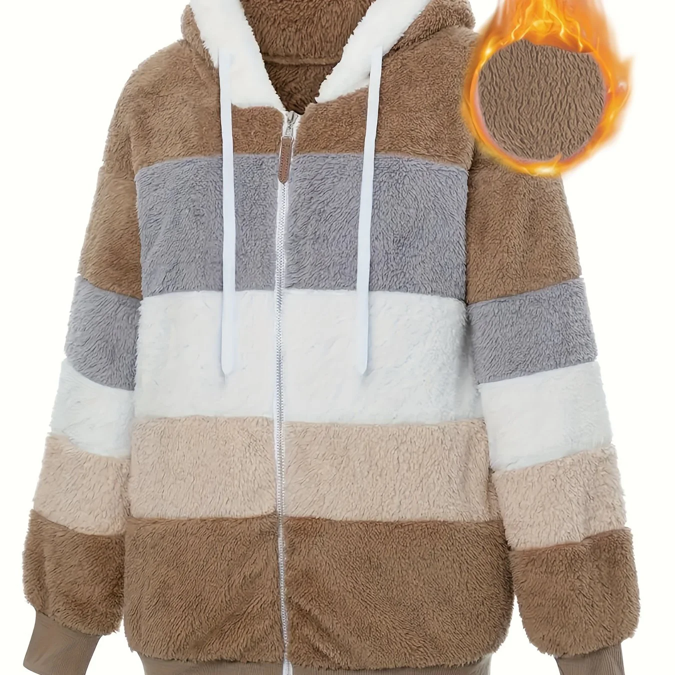 Plus Size Casual Coat, Women's Plus Colorblock Teddy Fleece Hooded Drawstring Zipper Long Sleeve Loose Fit Coat With Pockets - Image 18