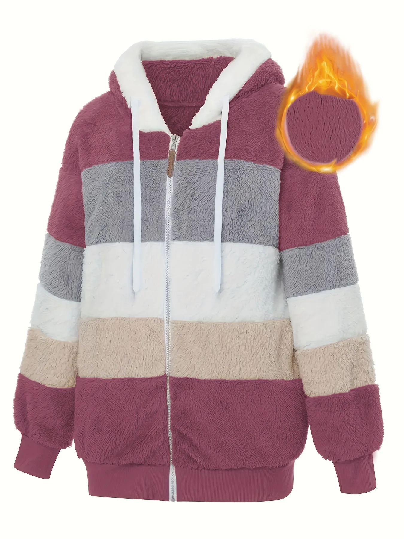 Plus Size Casual Coat, Women's Plus Colorblock Teddy Fleece Hooded Drawstring Zipper Long Sleeve Loose Fit Coat With Pockets - Image 6