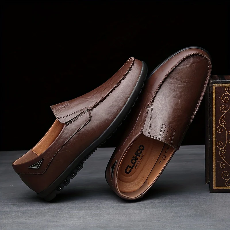 Plus Size CLOHOO Men's Solid Colour Split Leather Slip On Loafer Shoes, Comfy Non Slip Rubber Sole Dress Shoes, Men's Footwear - Image 9